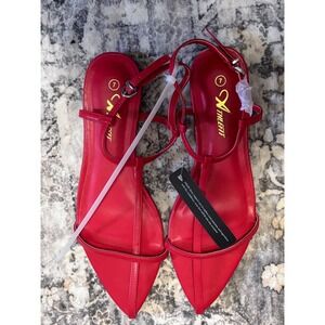 Women Red T Strap Pointed Toe Flat Sandals Shoes Size 7 New